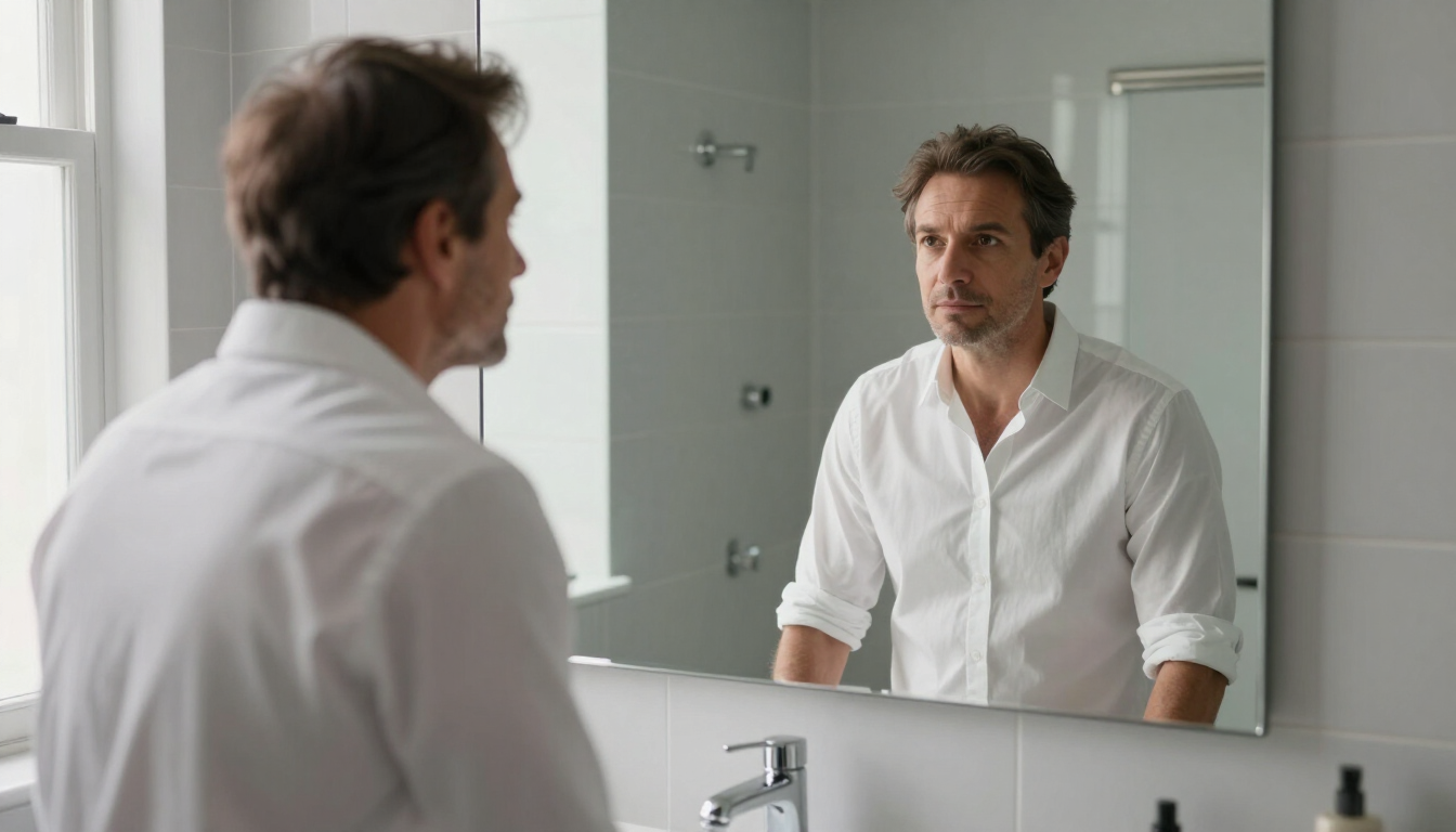 Man standing at a bathroom sink, looking at his reflection in a mirror, wearing a white shirt.