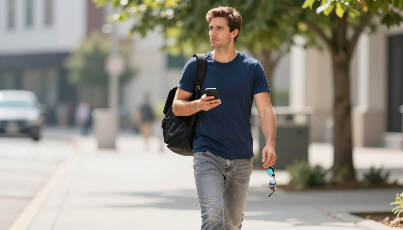 Man walking on a sunny sidewalk, looking at his phone and carrying a backpack.