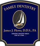 Sign for James J. Flerra, D.D.S., PA, Family Dentistry with a sailboat emblem, navy background, and gold border.