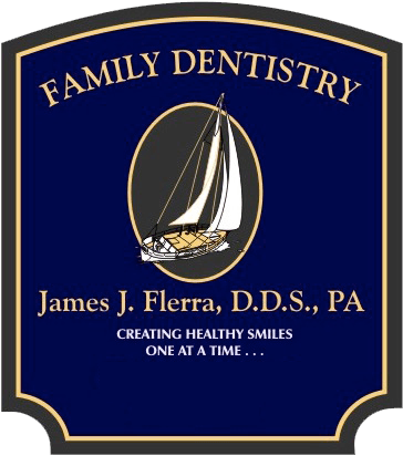 Sign for James J. Flerra, D.D.S., PA, Family Dentistry. Features a sailboat logo. Navy blue and gold border.
