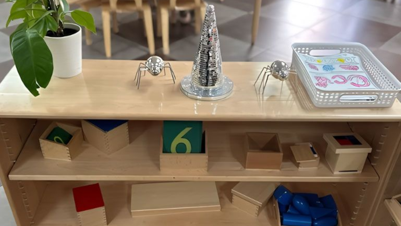 Montessori child independently choosing a book from the low shelf.