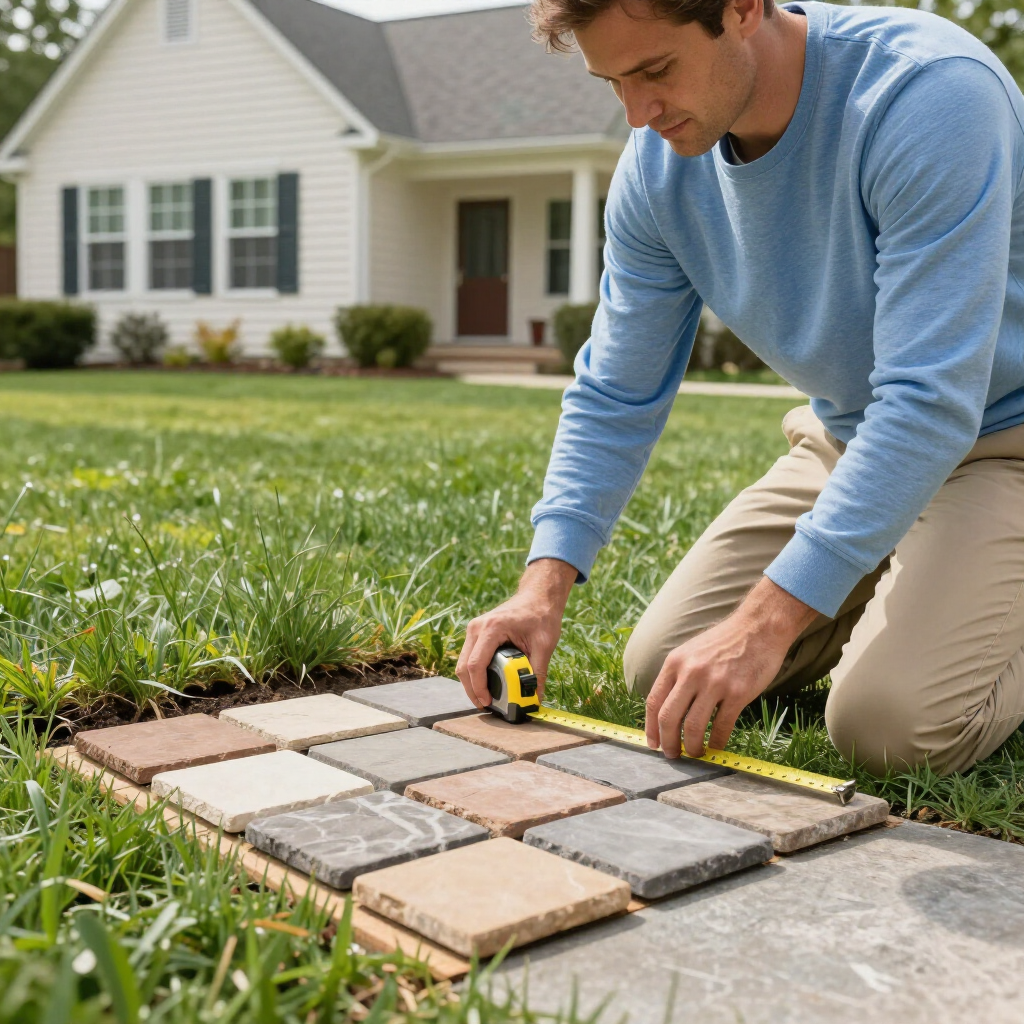 A person kneeling in a grassy yard, using a yellow tape measure to measure a square pattern of paving stones on the ground.