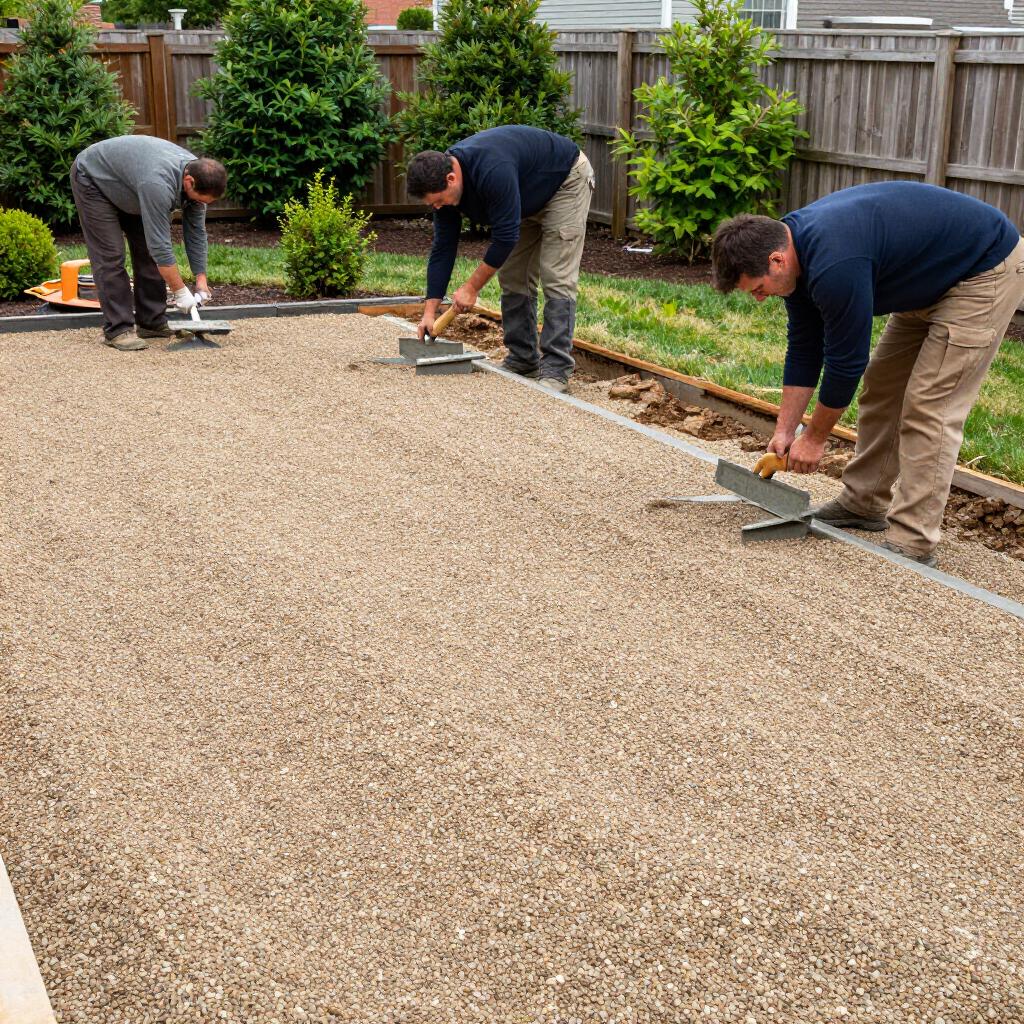 Three workers in casual clothes use metal screed tools to level a large bed of gravel in a suburban backyard.