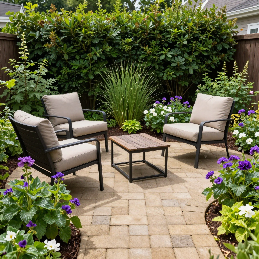 Patio seating area with three chairs and a small table on a stone paver floor, surrounded by lush garden beds.