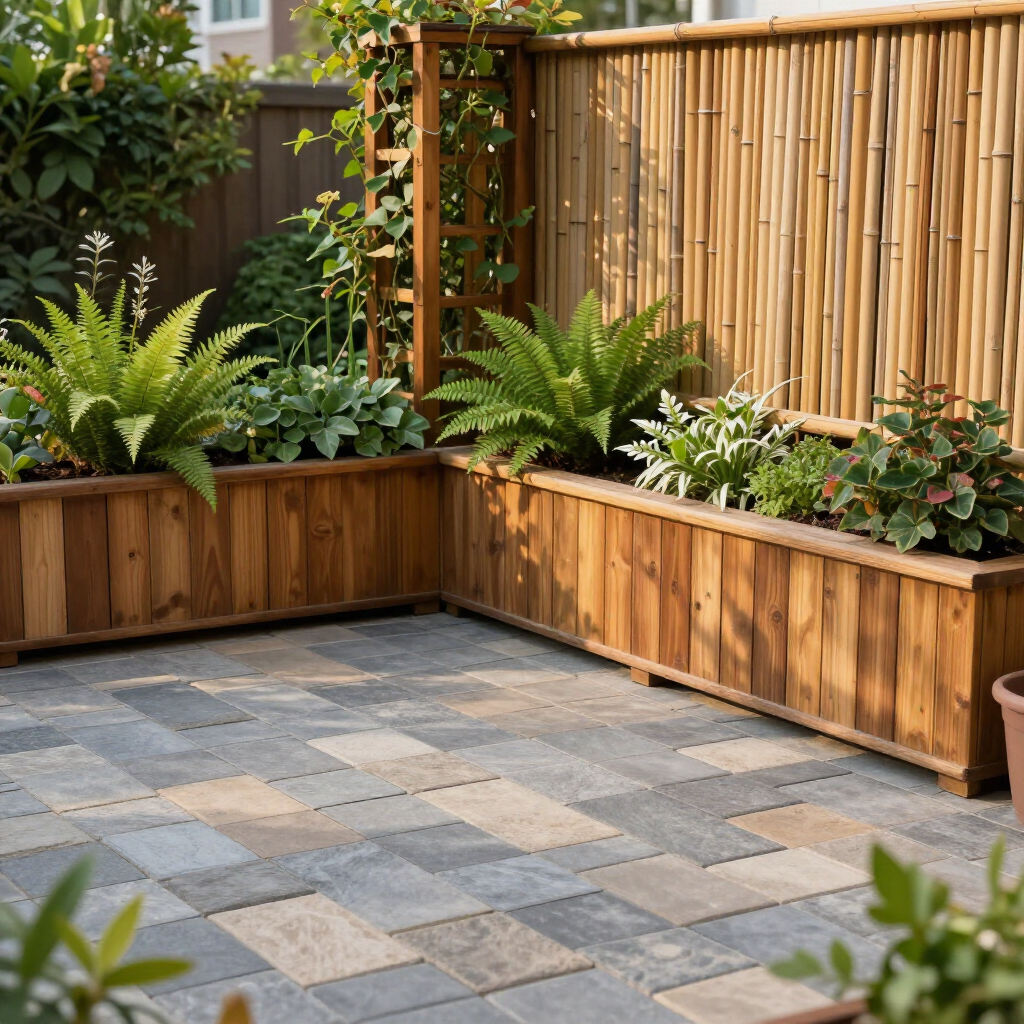 A patio features raised wooden planters filled with green ferns and plants, set against a bamboo privacy screen.