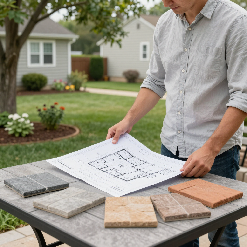 A person holds a floor plan over a table displaying various stone and tile samples in a residential yard.