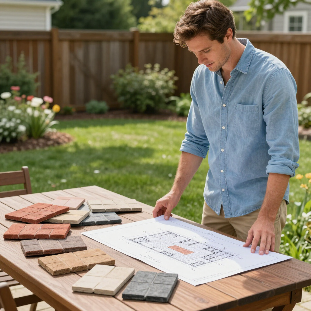 A person in a light blue shirt stands at an outdoor table reviewing architectural blueprints with stone paver samples.