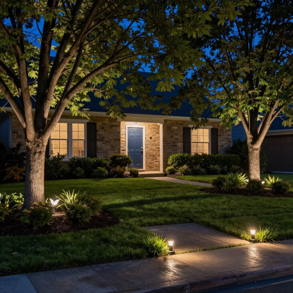 A stone house with a blue door at night, illuminated by landscape lighting in the trees and along the front walkway.