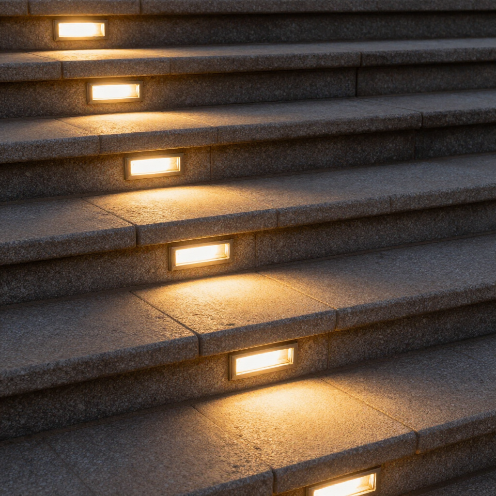 Close-up view of textured gray stone stairs illuminated by rectangular, warm-toned lights set into each step riser.