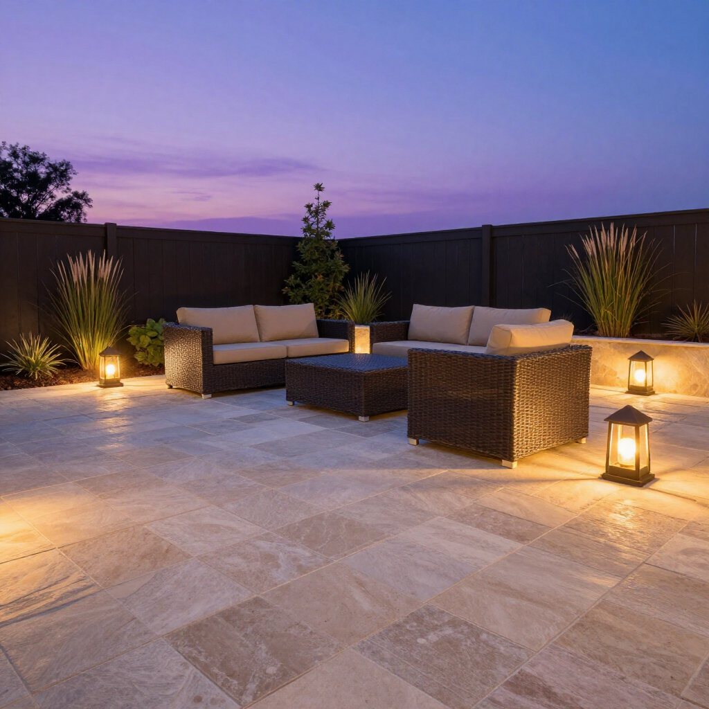 Outdoor patio with wicker furniture at twilight, featuring stone flooring and lanterns against a black fence.