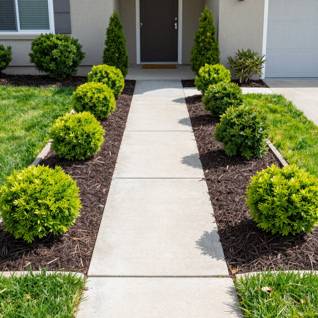 A concrete walkway leads to a front door, flanked by symmetrical rows of spherical shrubs and dark mulch beds.