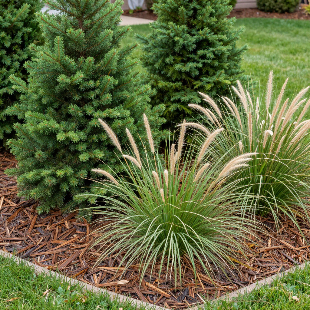 Two small evergreen shrubs stand behind two ornamental grasses with feathery plumes in a landscaped garden bed with mulch.