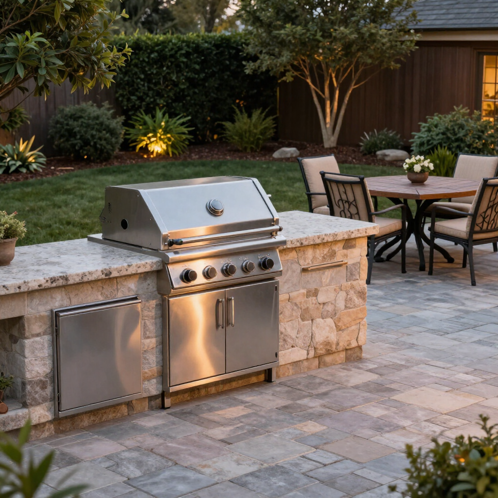 A stainless steel outdoor grill set in a stone island on a paved patio with a dining table and chairs in the background.