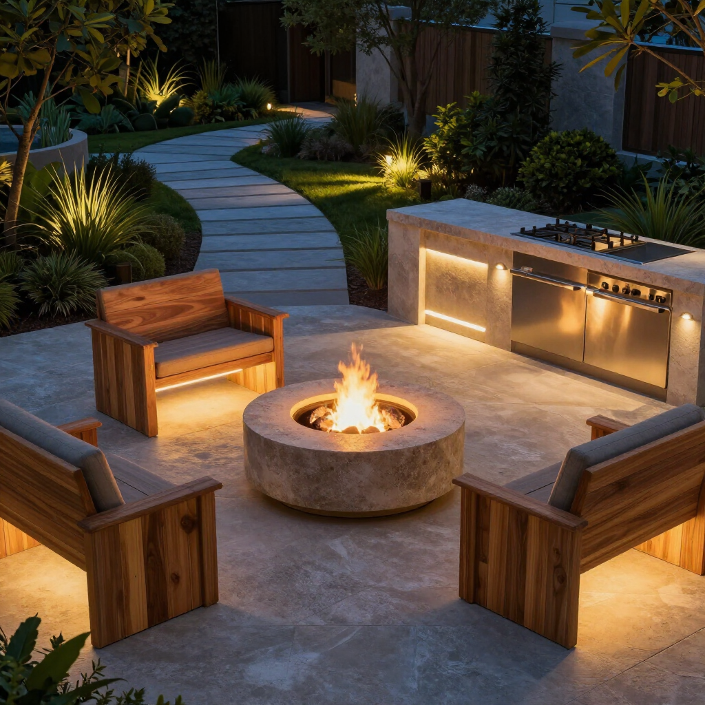 An illuminated outdoor patio featuring a central stone fire pit, three wooden chairs with light, and an outdoor kitchen.
