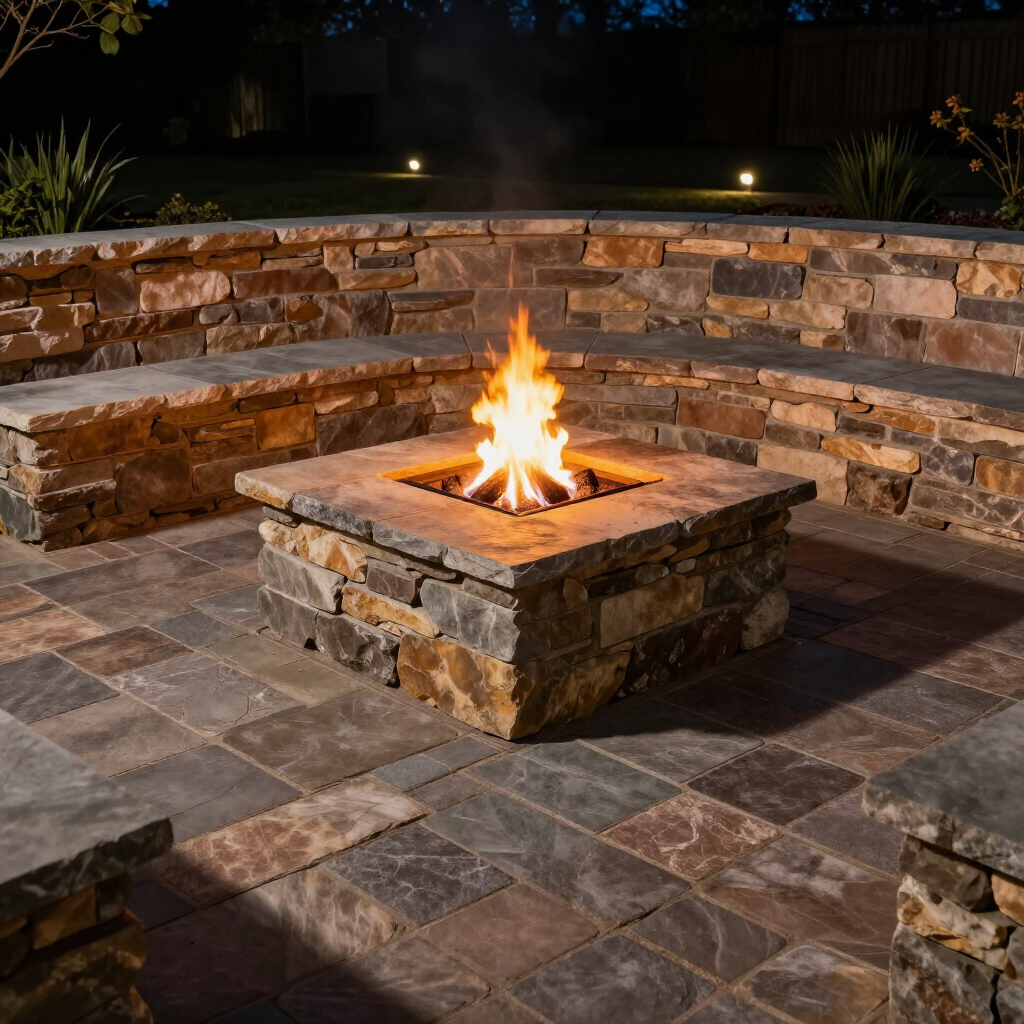 A square stone fire pit glows with a bright flame, surrounded by a curved stone seating wall on a tiled outdoor patio.