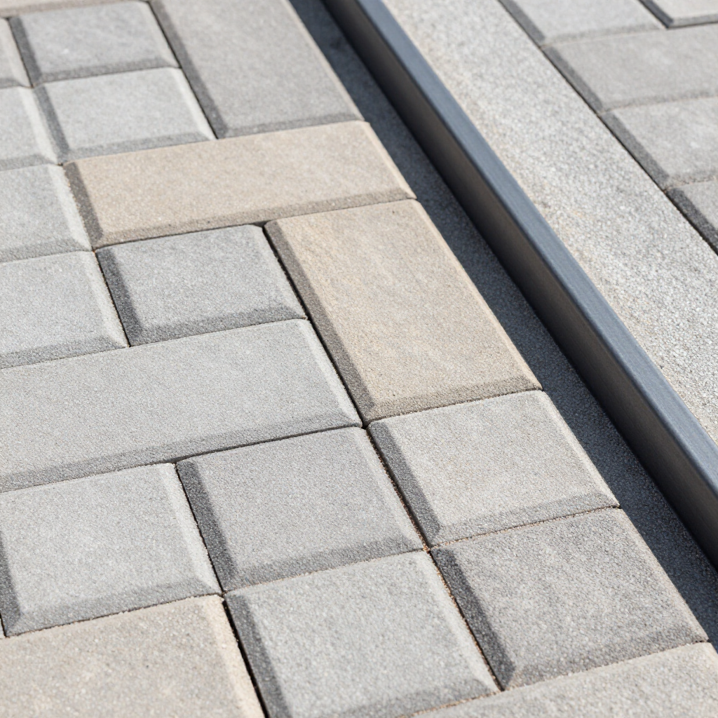 Grey and beige rectangular pavers arranged in a geometric pattern next to a metal trim edge.