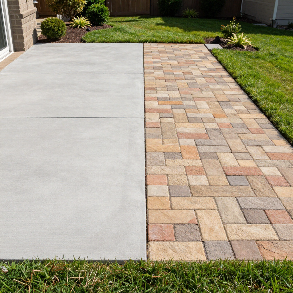 A concrete patio slab adjacent to a multicolored, rectangular stone paver path bordered by green lawn.