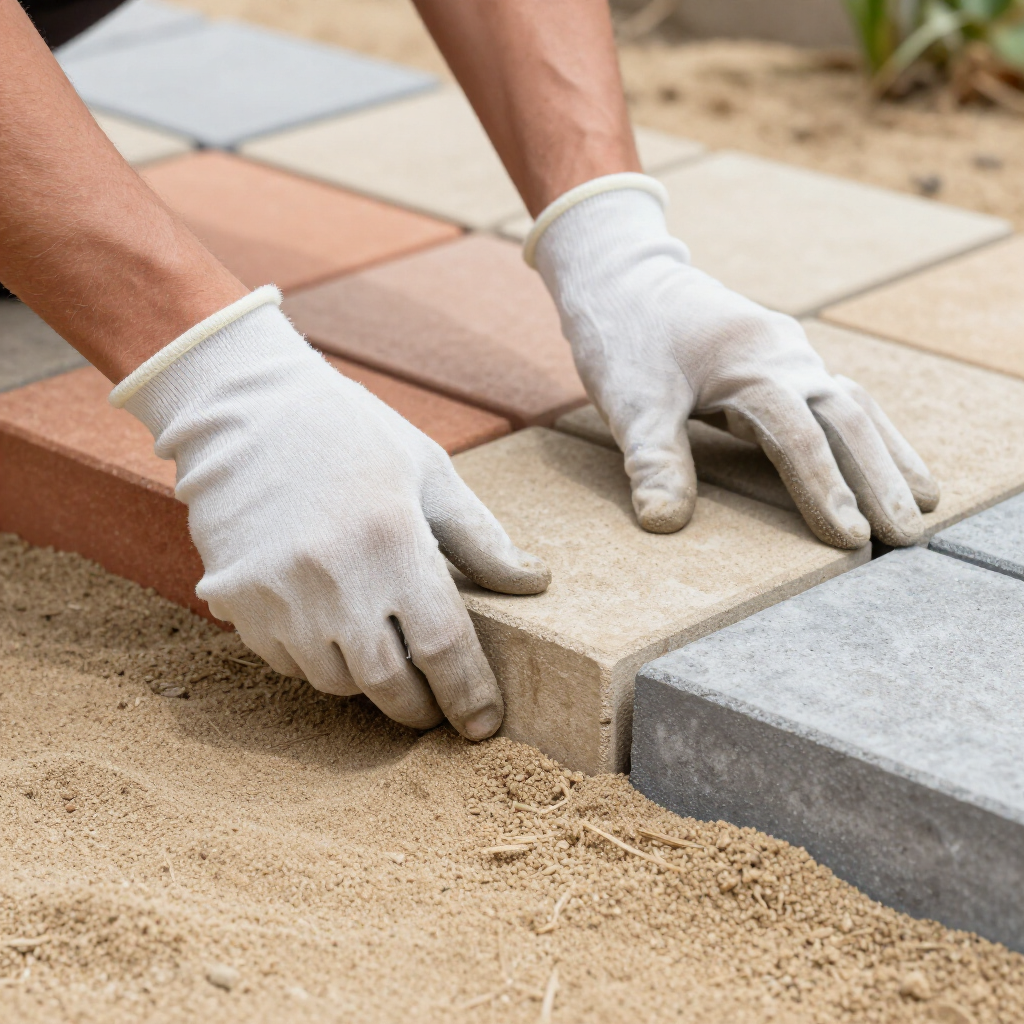 A pair of hands in white work gloves placing a beige stone paver onto a sandy base.