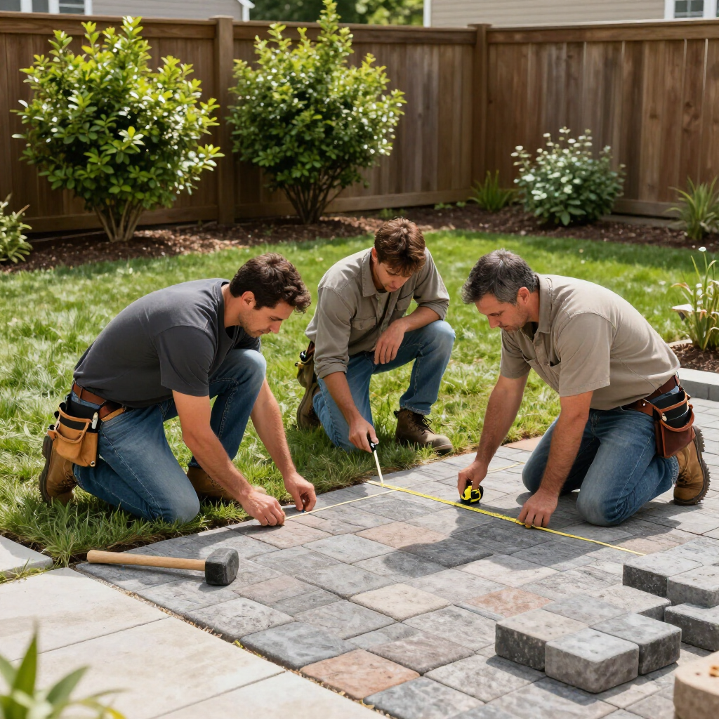 Three people kneeling on grass and a partially paved patio, using a tape measure to align stone pavers in a backyard.