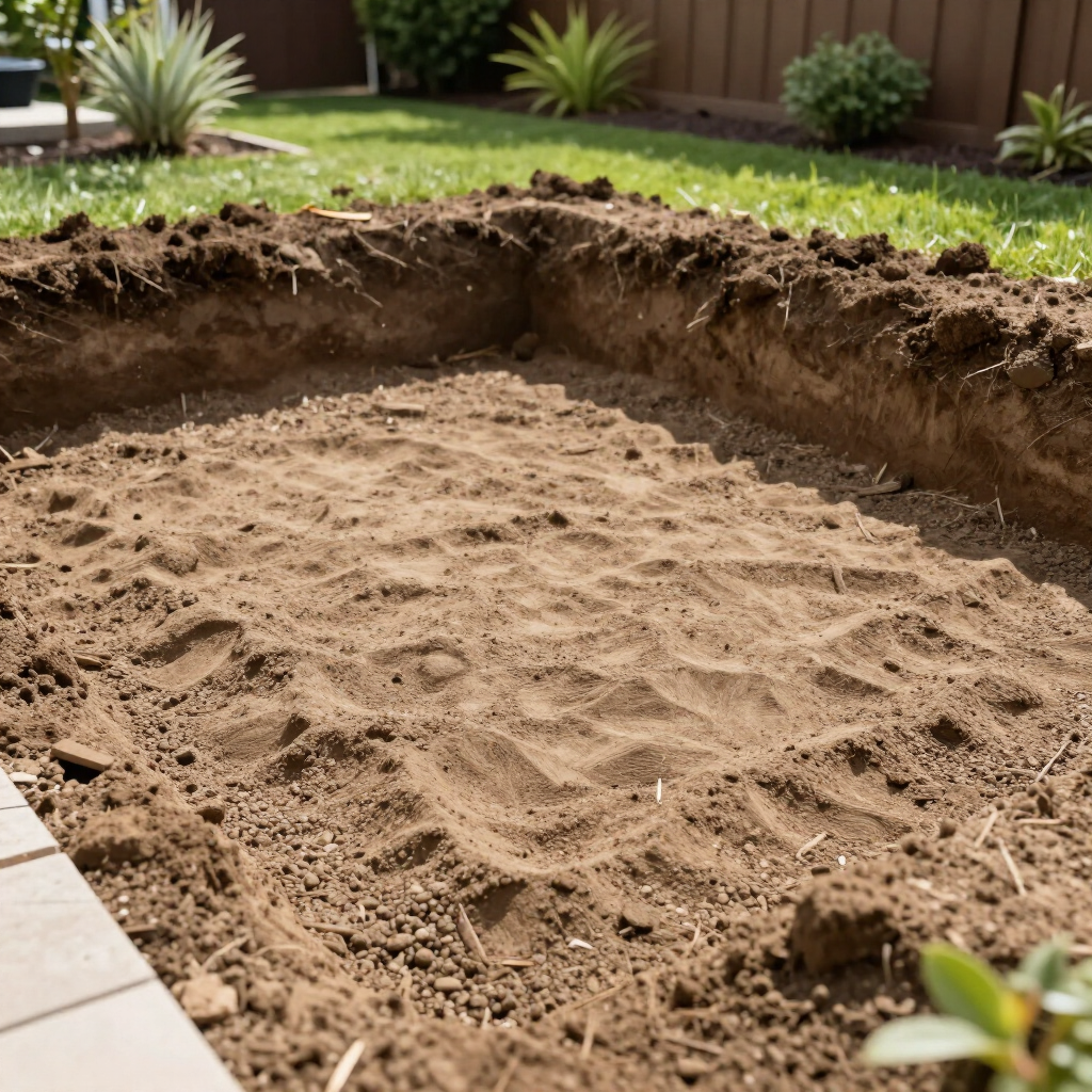 A rectangular hole dug into the ground, revealing fresh brown soil in a residential backyard.