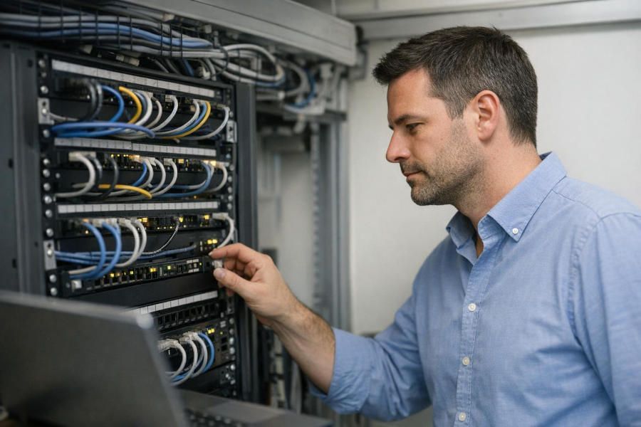 Techniker prüft Netzwerk- und Serverkomponenten bei der Server Wartung