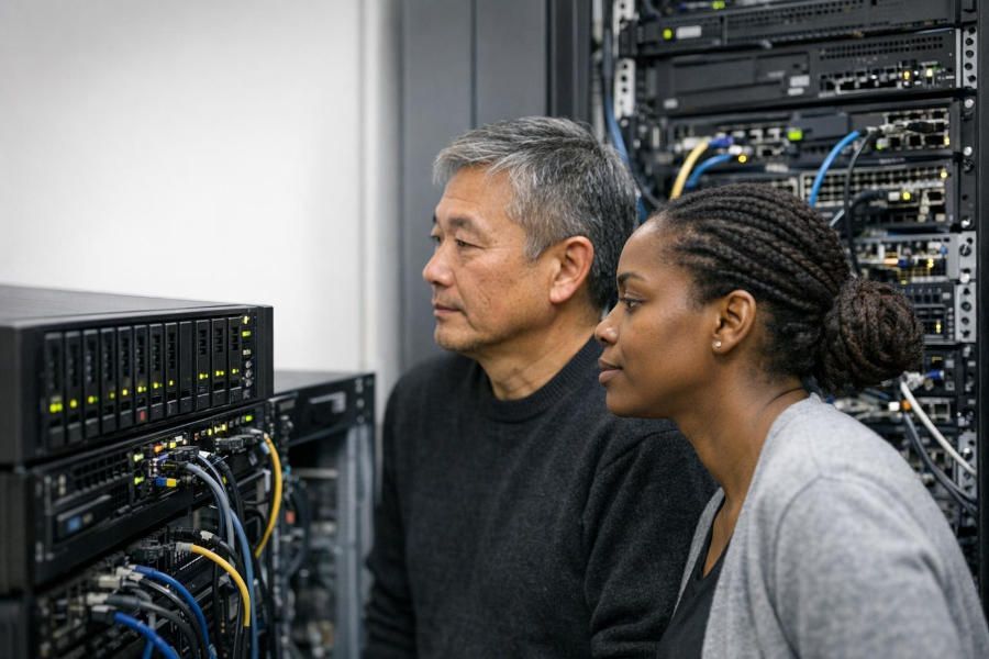 IT-Team kontrolliert Serverinfrastruktur bei der Server Wartung für KMU