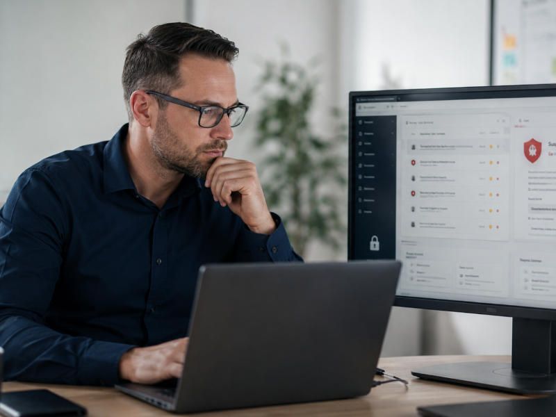 IT-Sicherheitsverantwortlicher prüft E-Mail Sicherheit am Arbeitsplatz