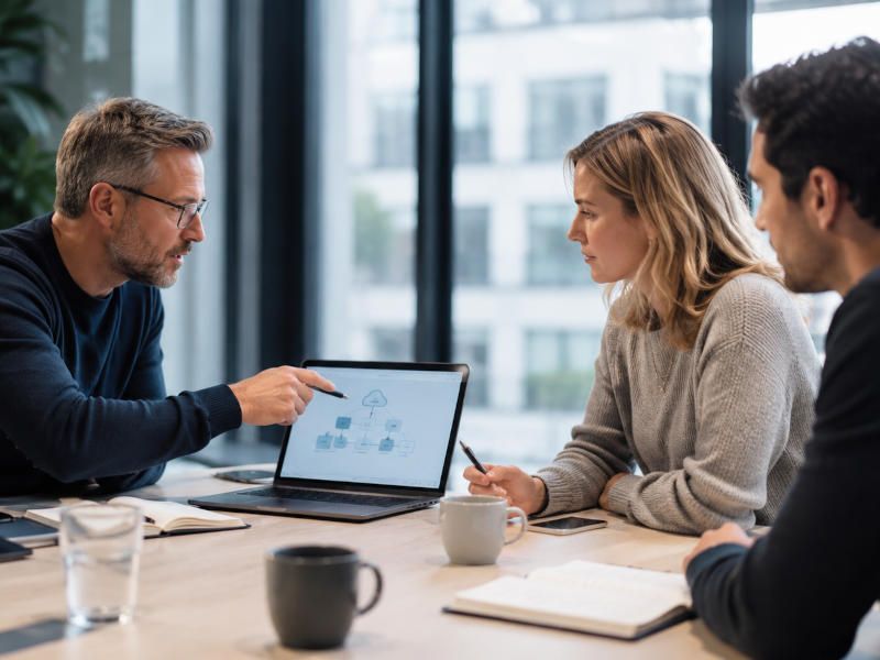 Team checks cloud readiness and cloud strategy on laptop
