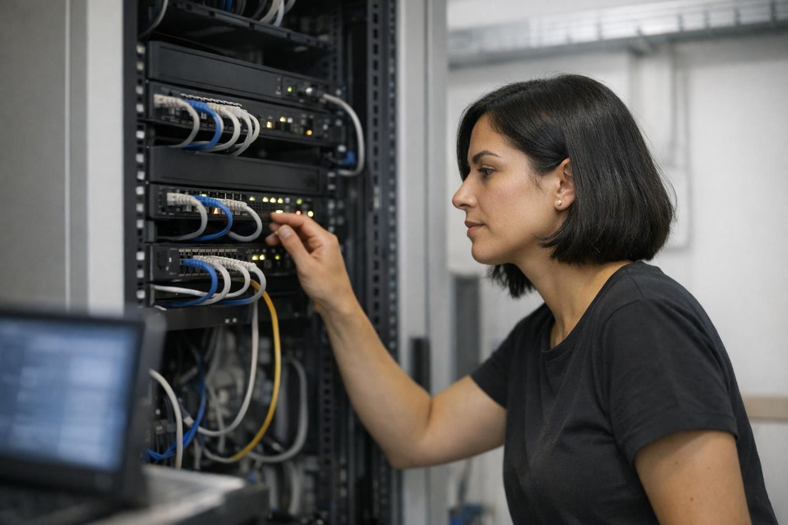Frau überprüft Netzwerkkomponenten und Verkabelung im Serverraum während der IT Wartung.