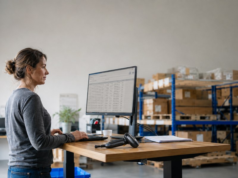 Employee records stock levels on screen using an business management system