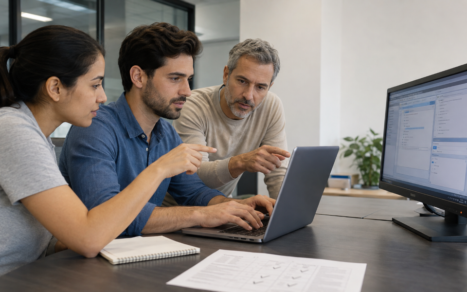 A team from purchasing, warehousing, and sales tests an inventory management system in a demo.