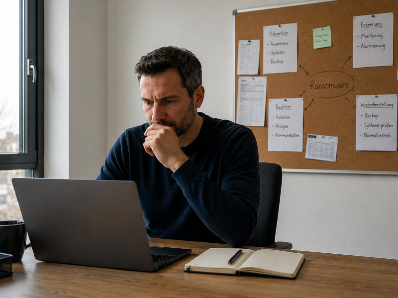 IT manager reviews emergency plan for ransomware protection