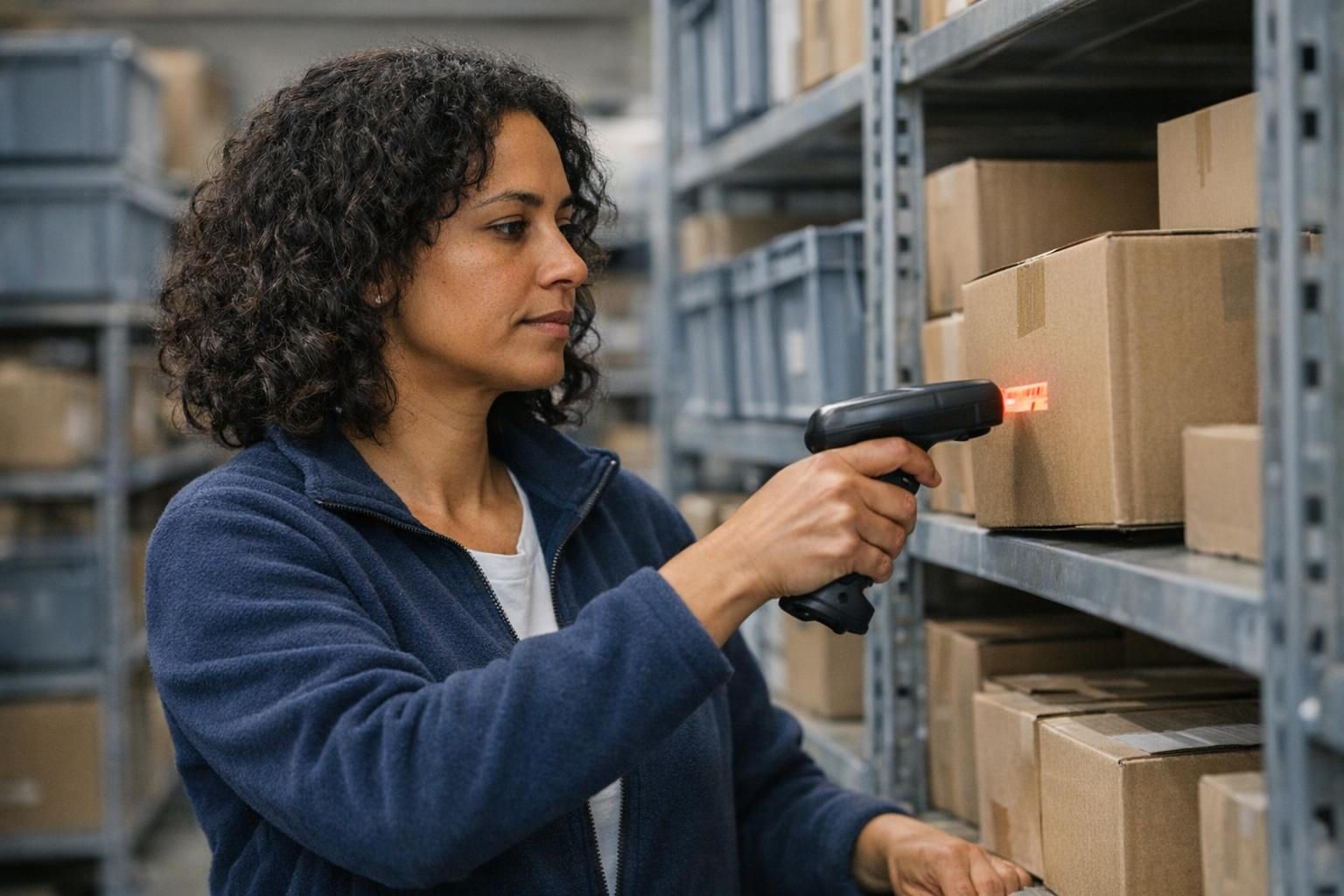 Employee scans boxes on warehouse shelves with a barcode scanner for mobile data capture and inventory checks.