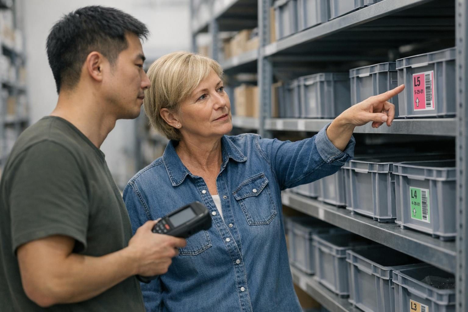 Two employees check stock levels and storage locations on the shelves using mobile data capture and scanners.