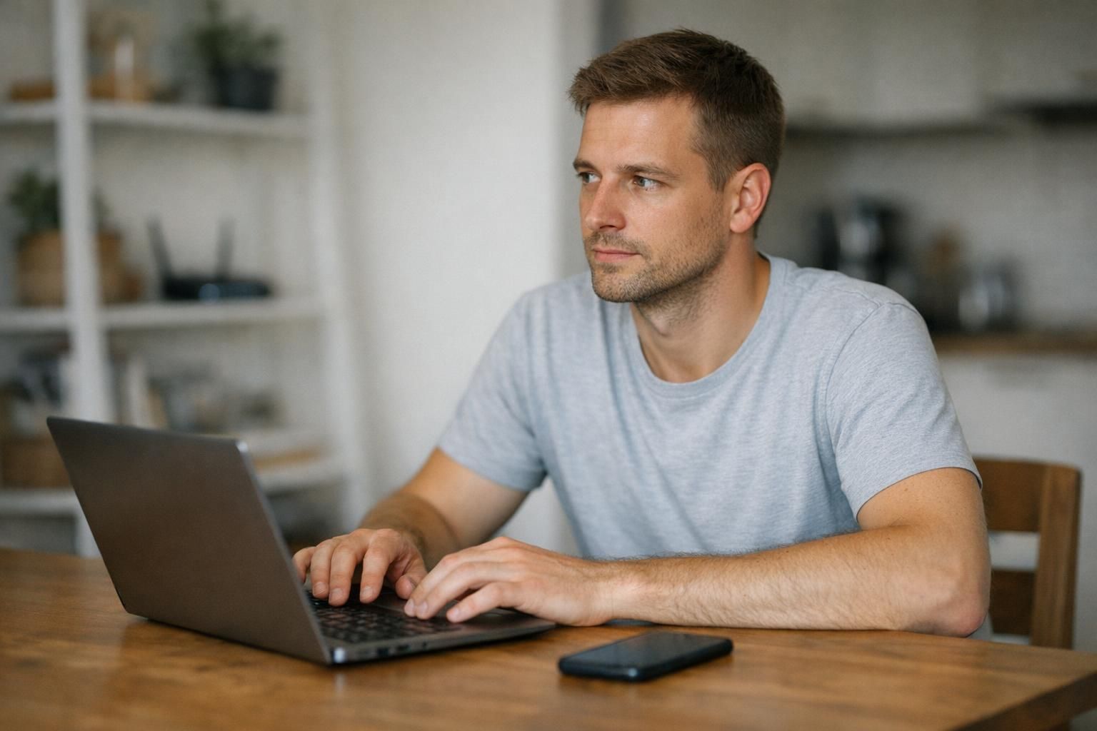 Mitarbeiter im Homeoffice mit Laptop und Smartphone als Beispiel für Endgeräte in der Endpoint Security.
