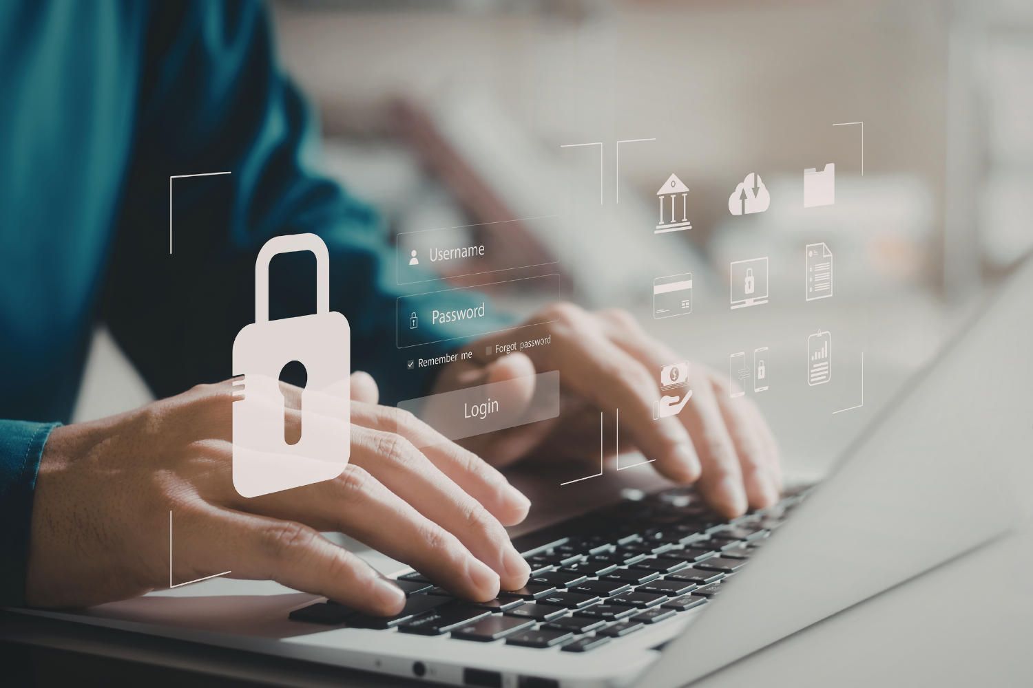 Login-Maske mit Sicherheitssymbolen auf einem Laptop steht für geschützte Zugriffe, Identitäts-schutz und Endpoint Security im Unternehmen.