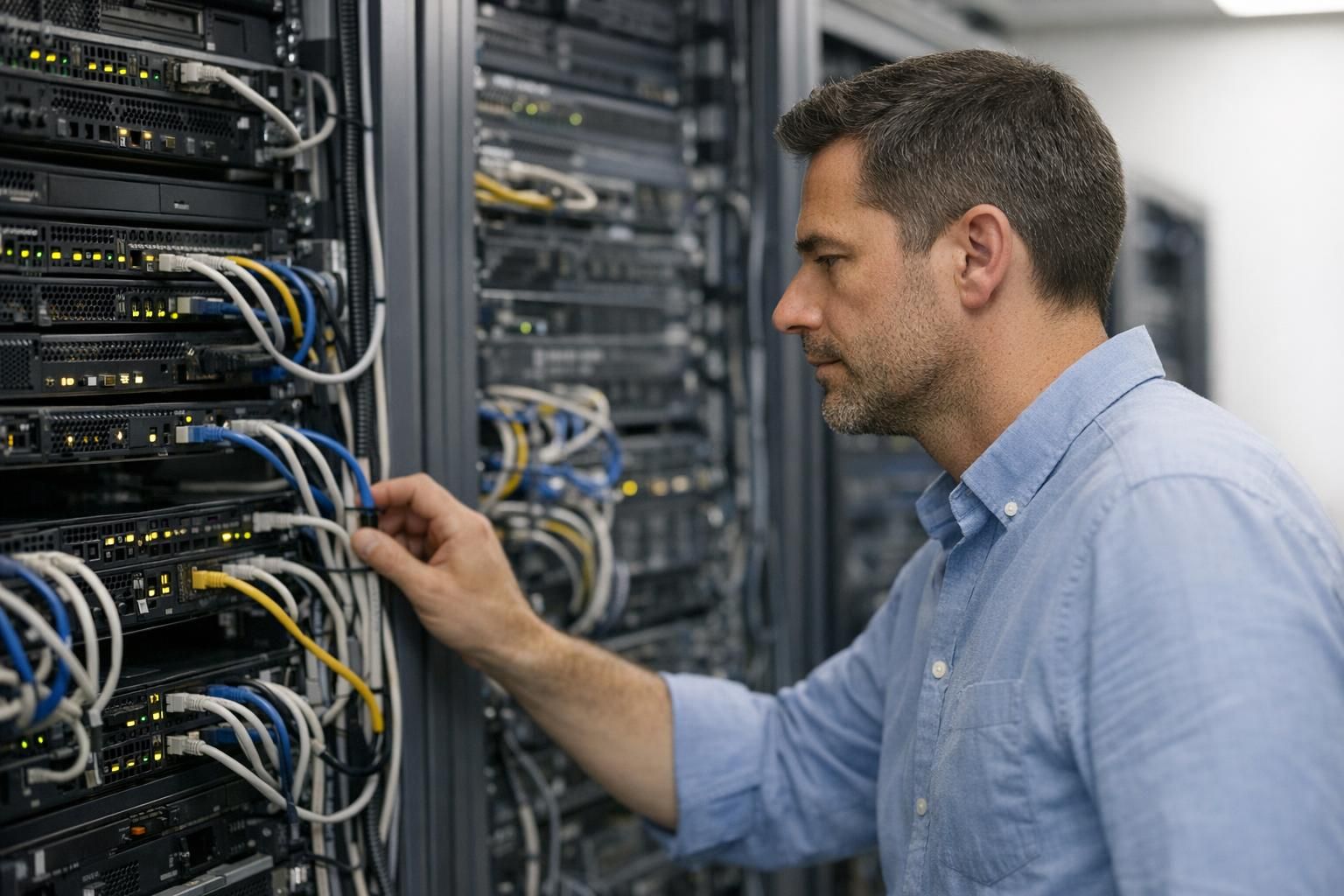 Technician working on the server rack to set up network and nodes for a Proxmox cluster