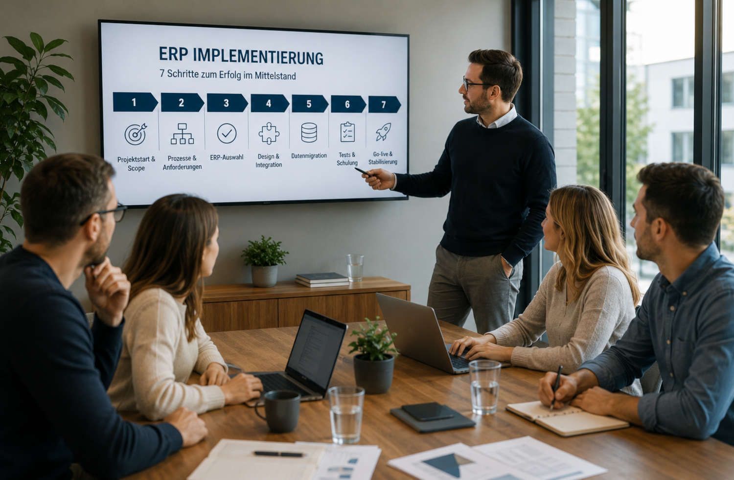 The consulting team discusses the seven steps of an ERP implementation in medium-sized businesses.