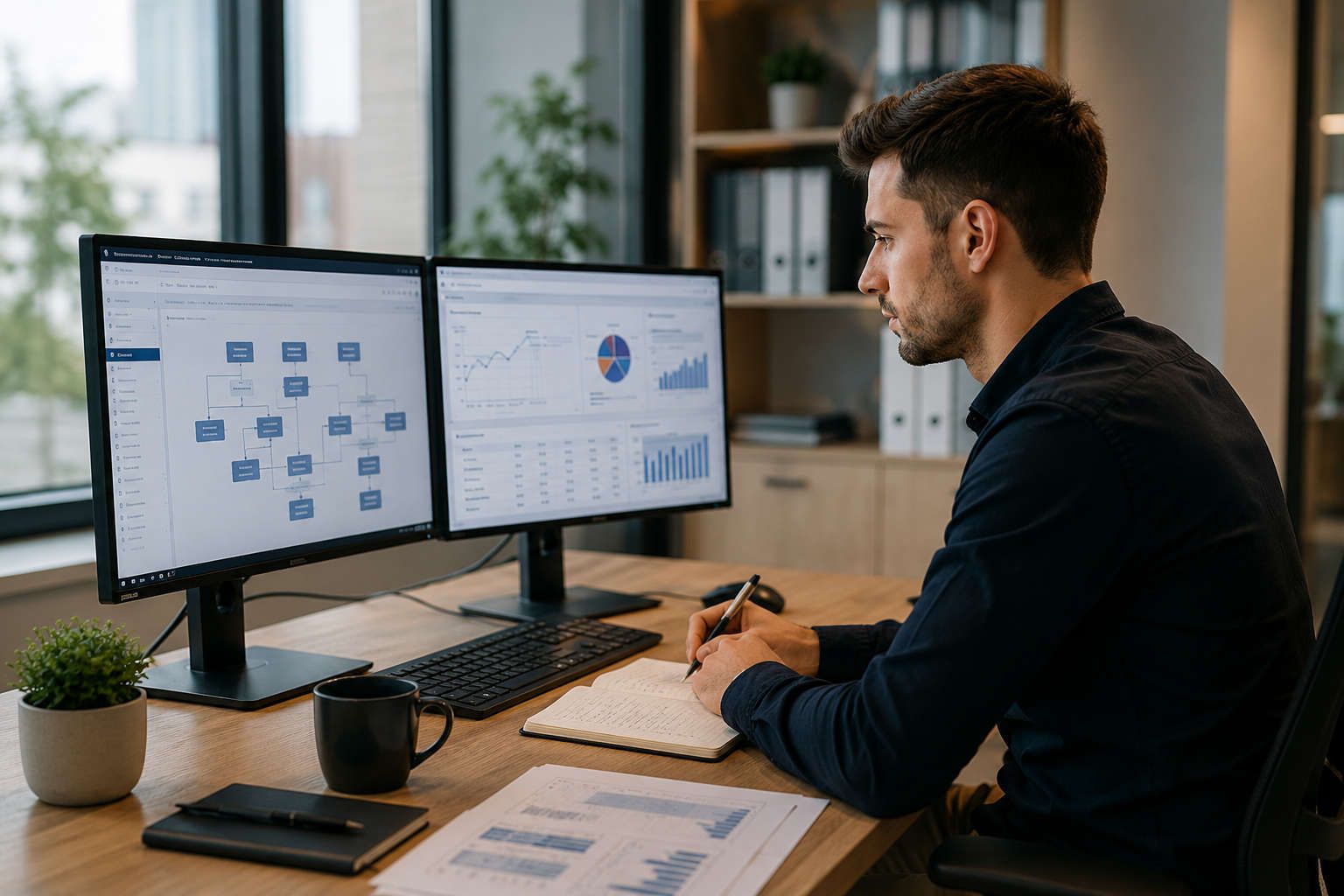 Employee analyzes ERP processes and key performance indicators on two screens.