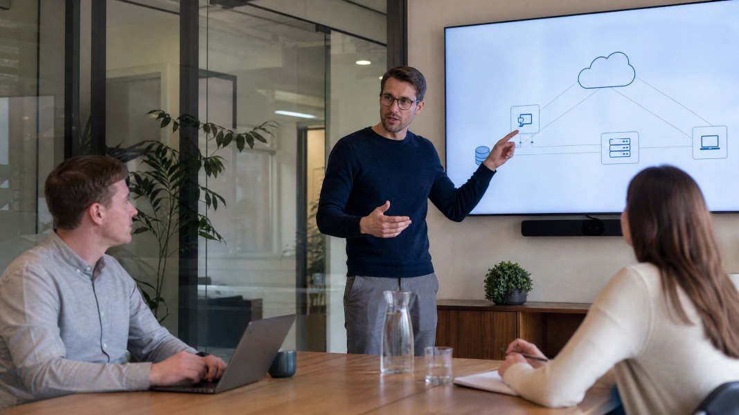 IT-Berater erklärt Microsoft 365 Backup und Datensicherung in einem Meeting