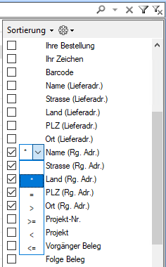 Auswahl der Such Felder