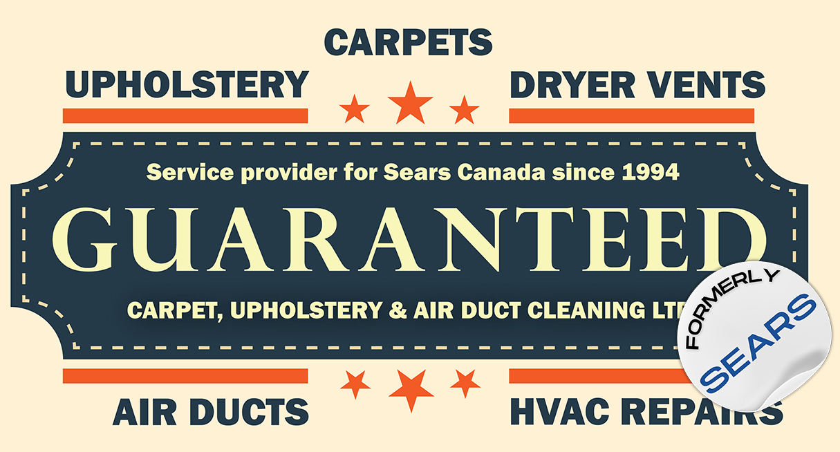 Advertisement for Guaranteed Carpet, Upholstery & Air Duct Cleaning, formerly Sears. Services include carpets, upholstery, air ducts, dryer vents, and HVAC repair.