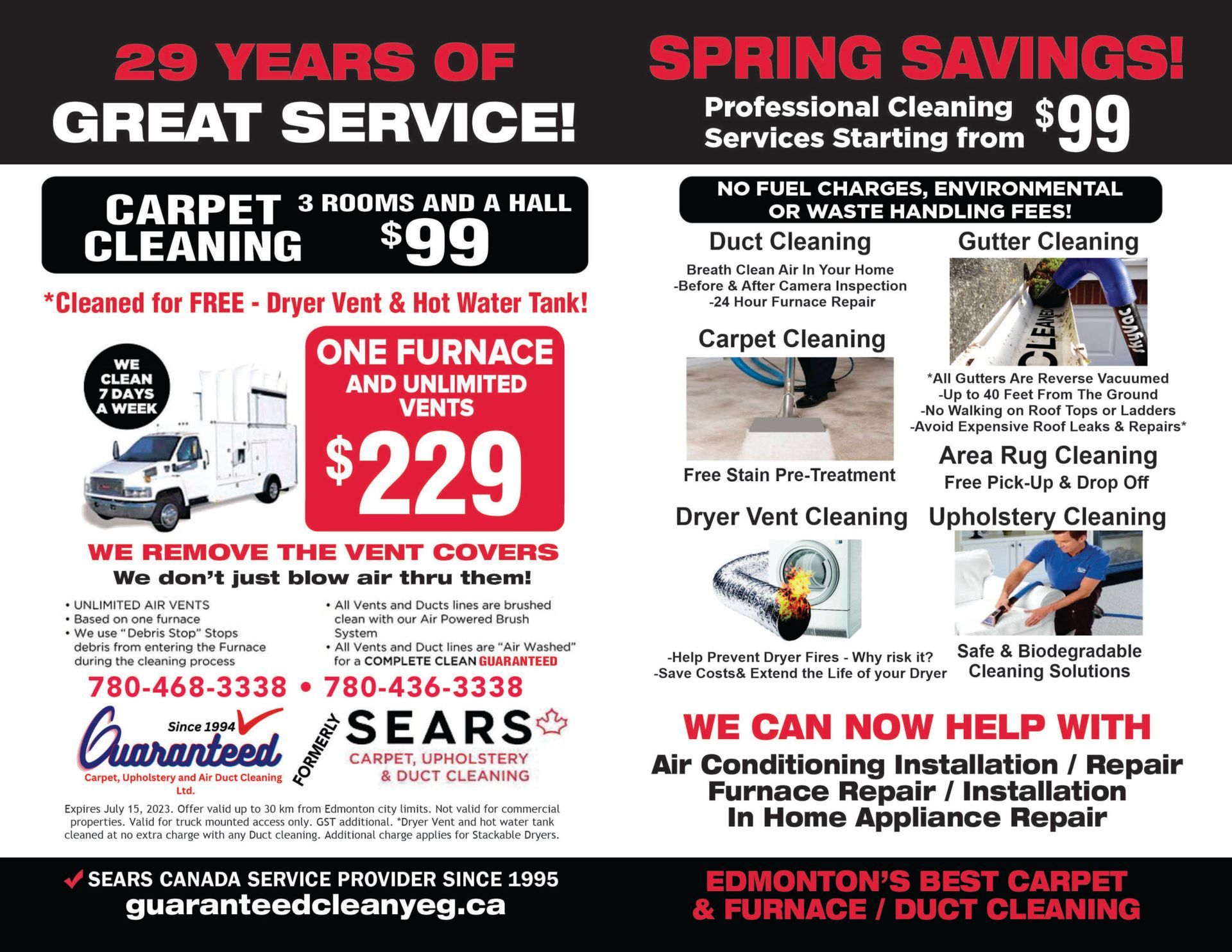 Ad for carpet, duct, and furnace cleaning services in Edmonton. Offers various cleaning deals.
