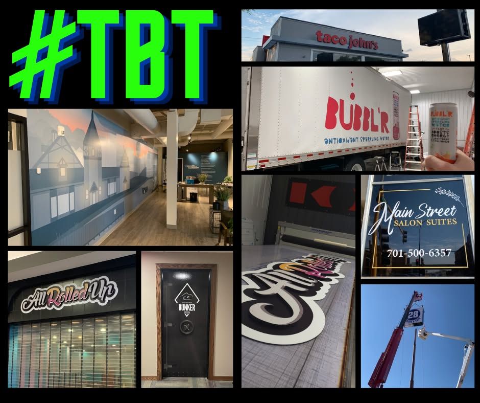 Collage of storefront signs, building exteriors, and the hashtag “#TBT” in bright neon colors.