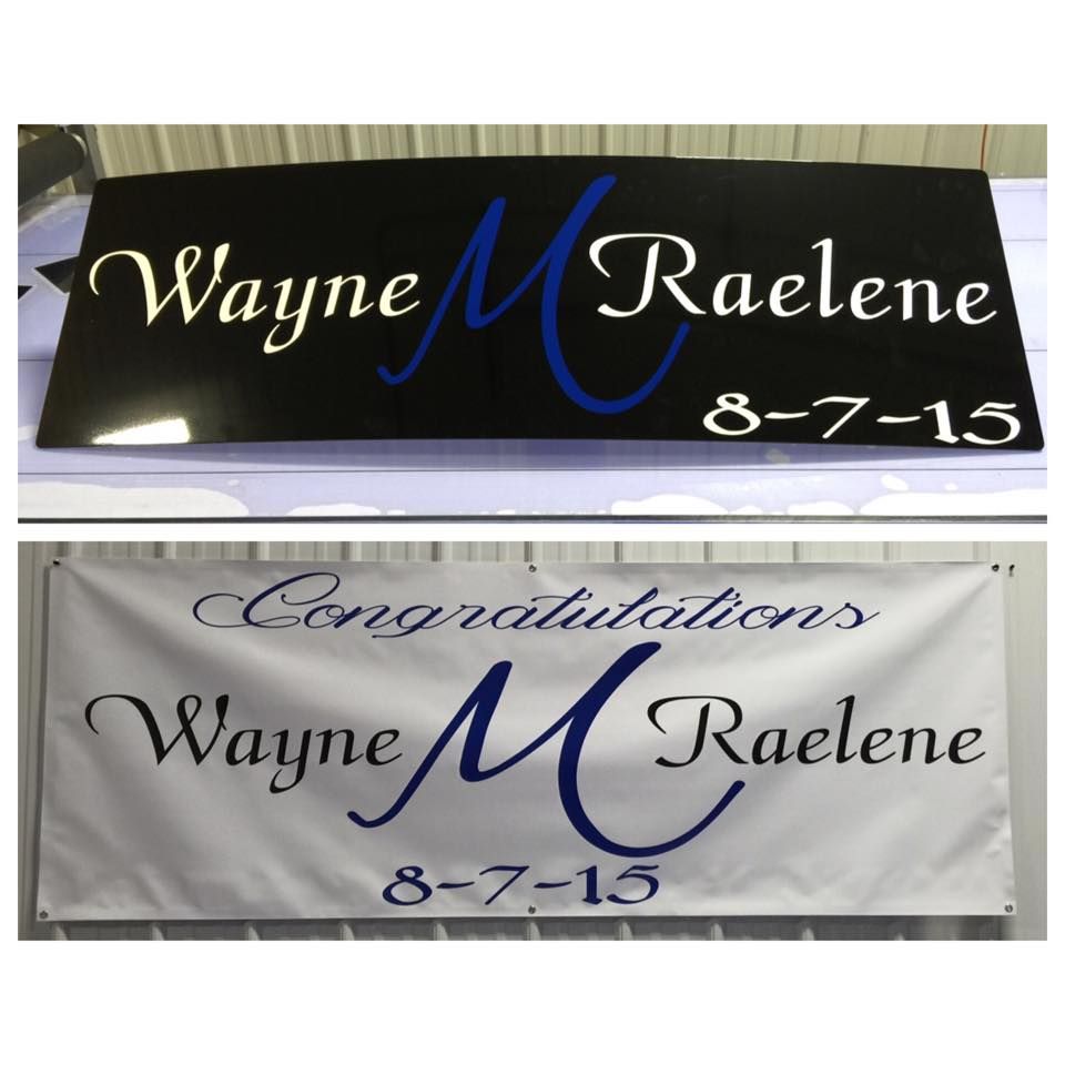 Wedding banner with “Wayne M Raelene” and “Congratulations,” dated 8-7-15, in black and white designs