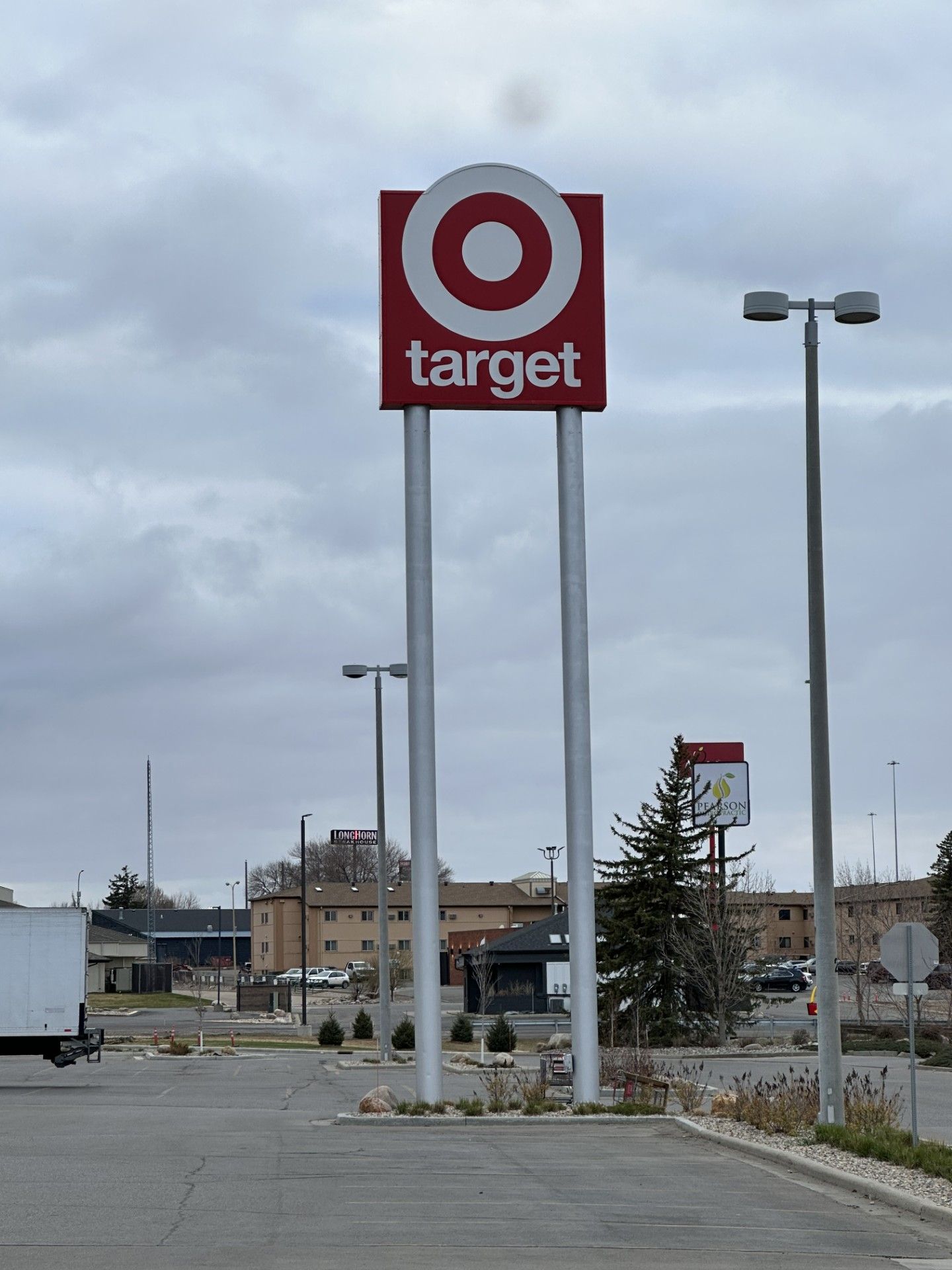 Target store sign in a mostly empty parking lot under a cloudy sky.