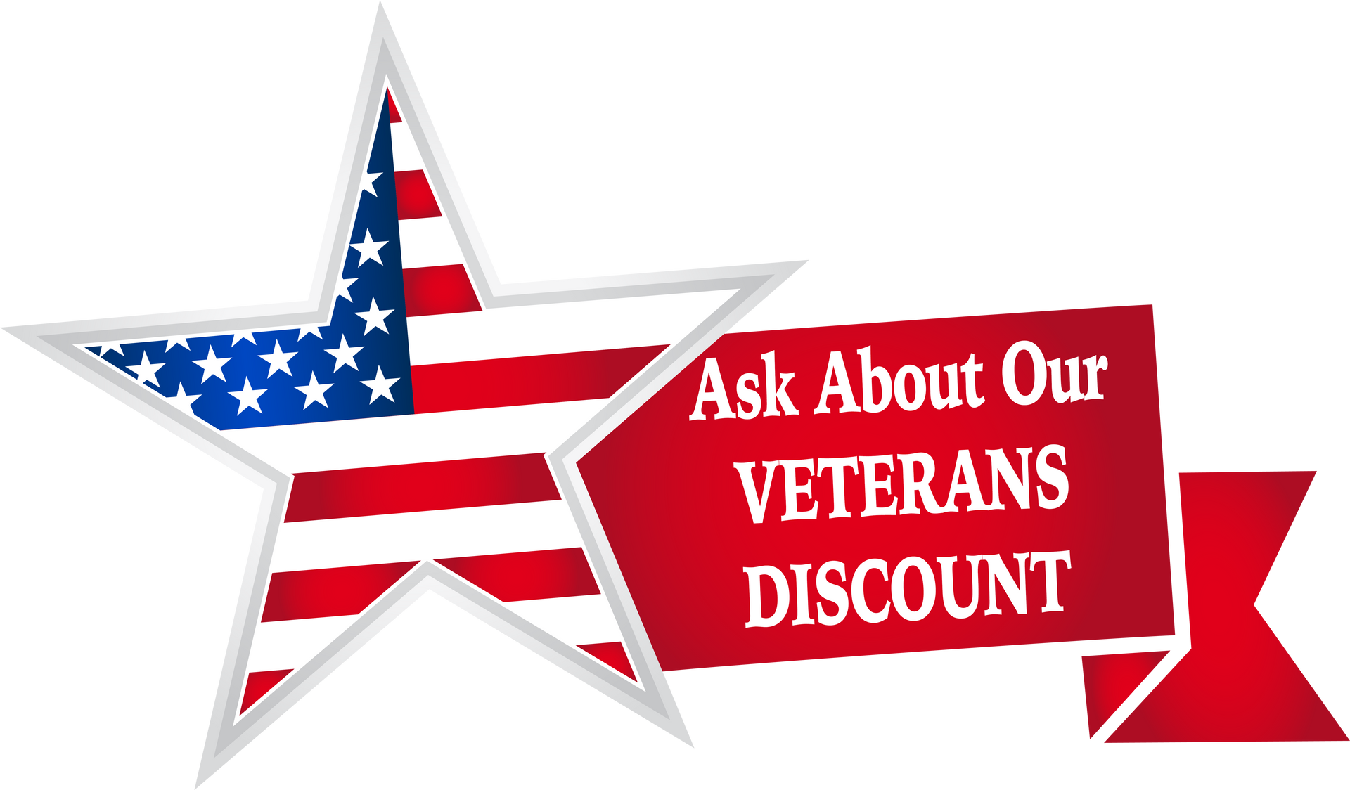 Star with flag in it. Ribbon next to flag says ask about our veterans discount