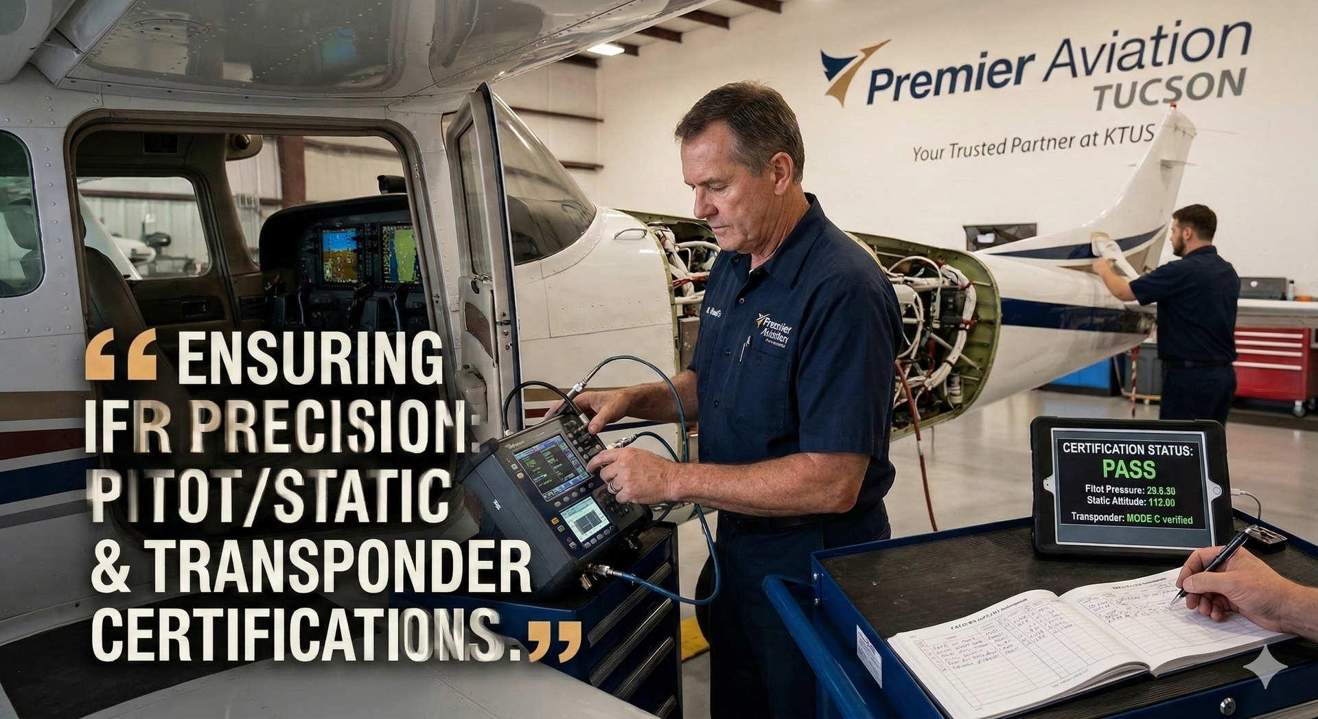 A technician performs a pitot-static and transponder certification on an aircraft inside a Premier Aviation hangar.