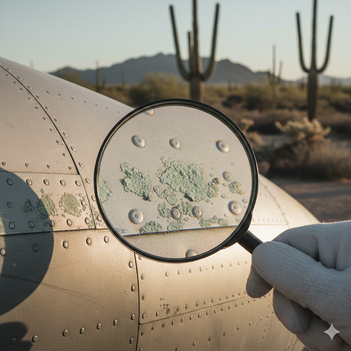 A gloved hand holds a magnifying glass over corroded metal siding on an aircraft in a desert landscape with cacti.