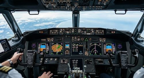 View from inside a cockpit showing pilots' hands on controls, instrument panels, and a coastal landscape outside.
